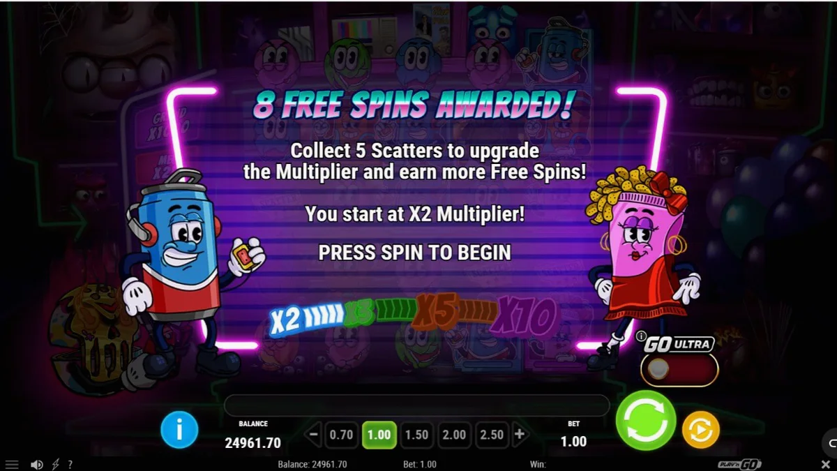 Tampilan visual neon arcade dari slot Treats of Terror 2 yang penuh warna